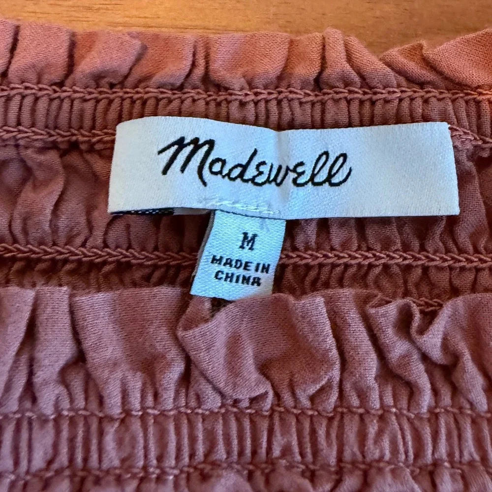 Madewell Smocked Top Women M Pink Long Sleeve Puff Square Neck Boho Romantic